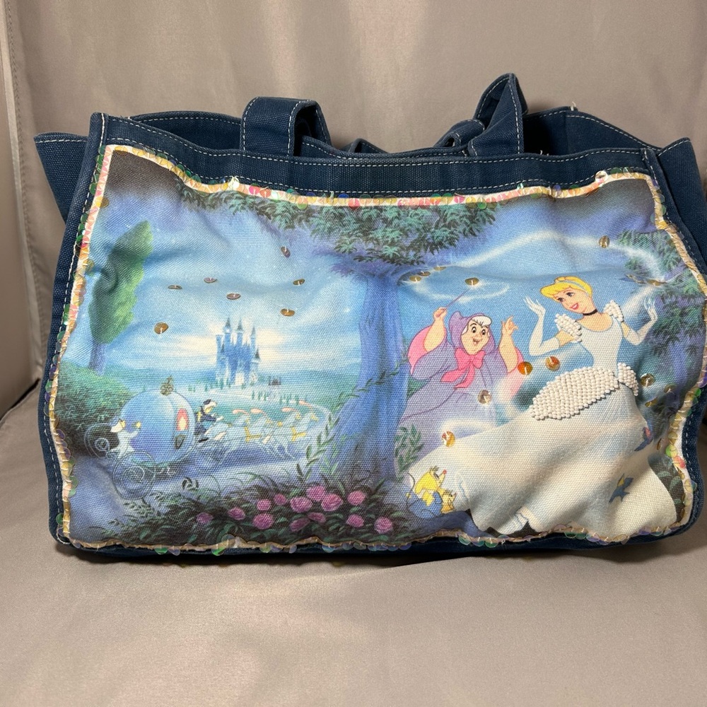 Disney Cinderella Beaded Sequined Canvas Tote Bag Purse Blue Vintage Collectible